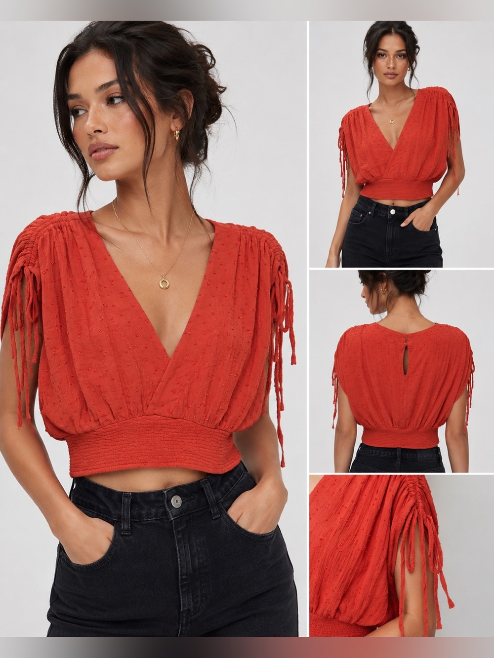 Mustard Seed Rust Orange V-Neck Smocked Crop Top